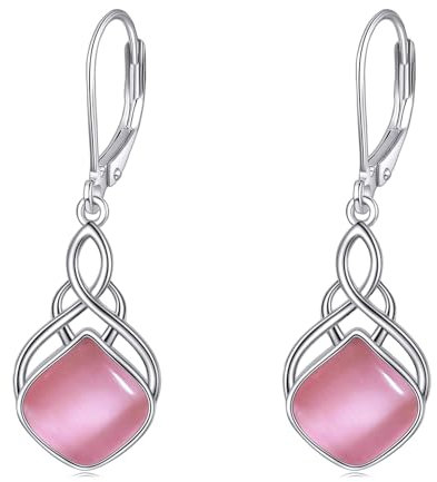 Rosa Ohrringe Geschenke für Damen Mädchen Sterling Silber Rosa Opal Leverback Ohrringe Lange Irische Keltische Knoten Ohrhänger Schmuck Geschenke