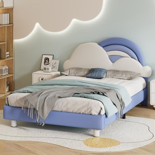 Skcess 140X200Cm Doppelbett, Kinderbett, Jugendbett, Polsterbett Mit Kuscheligem Regenbogenwolken-Kopfteil, Holzlattenrost, Pu, Blau