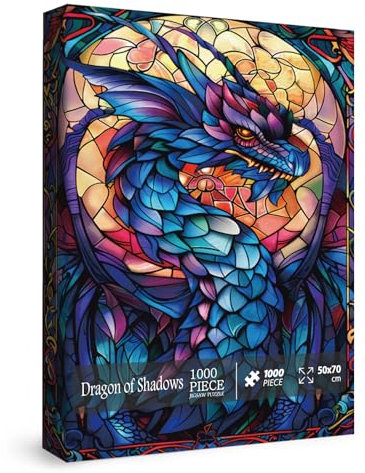 Fantacy Dragon Puzzles für Erwachsene 1000 Teile Buntglas-Kunst-Puzzles Blau Lila Dunkelheit Western Dragon Puzzle