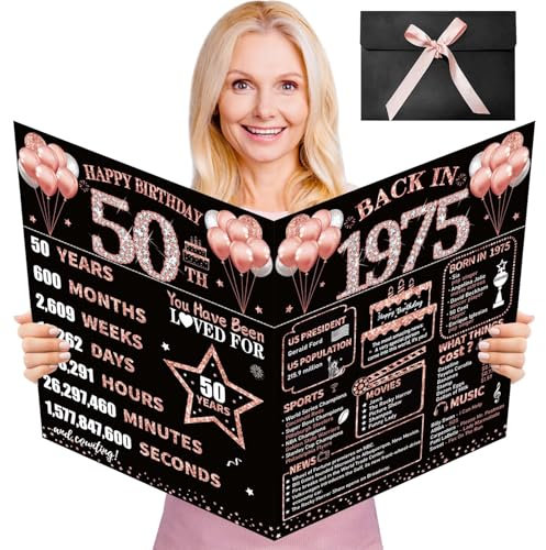 Yatufom Große Geburtstagskarte zum 50. Geburtstag mit Umschlag, Happy 50th Birthday, Dekorationen für Frauen, Back in 1975, Jumbo-Geburtstagskarte, 50 Geburtstagsgeschenke für sie, Roségold