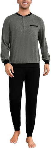 Bresdk Schlafanzug Herren Pyjama Lang Baumwolle Zweiteilige Nachtwäsche für Winter Grau Schwarz XXL