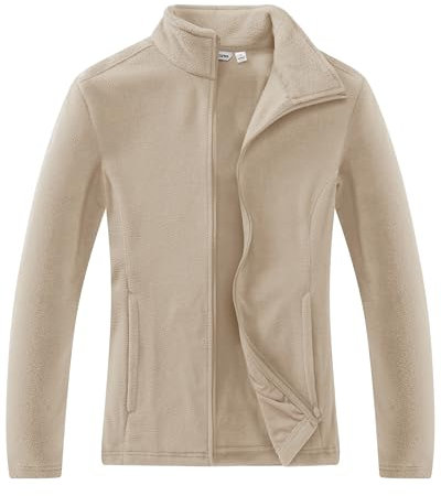 33,000ft Damen Fleecejacke mit Durchgehendem Reißverschluss Stehkragen Damen Leichte Fleece Jacke Antistatische Outdoor Damenjacke für Wandern und Freizeit, Hellkahki M