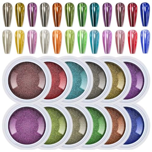 GZMAYUEN Chrom Nagel Pulver, 12-Farben Metallic Chrom Pulver, Spiegel Effekt Nagel Chrom Pigment für Nail Art Dekoration Maniküre
