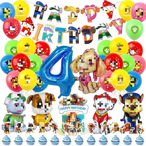 Geburtstag deko 4 Jahre, Paw Dog Luftballon Kindergeburtstag Deko Geburtstag, Kinder Party Deko, Tortendeko, Happy Birthday Banner für Jungen, Mädchen, Kinder, Thema Party