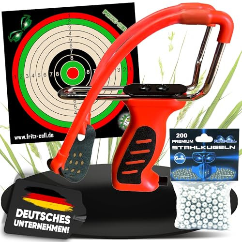 Fritz-Cell Profi Weitschuss Zwille Steinschleuder mit verstecktem Magazin Sport Outdoor Slingshot mit Stahlkugeln 6mm, Zielscheiben