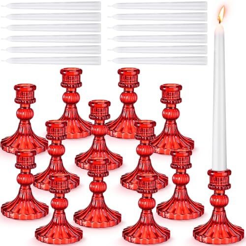 Suclain Kerzenhalter aus Glas, 12 transparente Kerzenhalter mit 12 weißen langen Kerzen, Kerzenhalter für Hochzeit, Weihnachten, Party, Abendessen, Dekoration, Rot, 24-teilig
