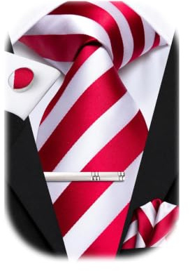 Hi-Tie Krawatten-Set für Herren, Seidenkrawatten für Herren, Pink, Blau, Schwarz, 4-teilig, Krawatte, Einstecktuch, Manschettenknöpfe, Clip für Hochzeit, Rot / Weiß, M