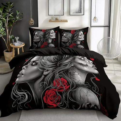Quixora Bettwäsche-Set 155 x 220 cm Bettbezug Set Gothic Mädchen Rose und Totenkopf Drucken für Jungen Kind Hypoallergen Drucken Bettwäsche Mikrofaser Schwarz Bettbezug mit Reißverschluss