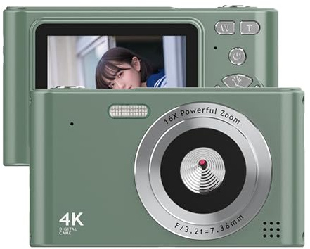 Appareil Photo Numérique 4K, Caméra Vidéo 48 MP, Zoom 16X, écran 2,4 Pouces, Batterie Flash Intégrée, pour Enfants, Adolescents et Débutants (Vert)
