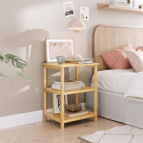 Dripex Nachttisch, Beistelltische mit 3 Ablagen, Couchtisch, Sofatisch für Schlafzimmer, Wohnzimmer, 40x30x50cm, Wohnzimmertisch Bambus
