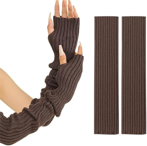 Ashopfun Manicotti invernali da donna, in misto lana, caldi guanti lunghi senza dita, guanti lunghi senza dita, guanti lunghi senza dita con foro per il pollice, Caff, Etichettalia unica