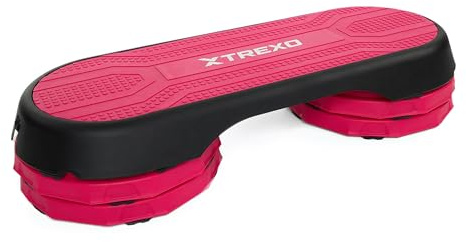 TREXO Aerobic Step 107 x 42 cm für Cardio-Übungen und Fitnesstraining, Höhe verstellbar 10 – 15 – 20 cm, aus Polypropylen und TPR, von hoher Qualität, Aerobic Step bis 250 kg, Grau/Rosa