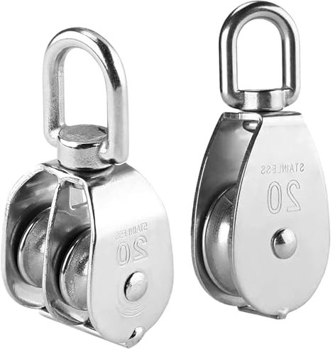 2 Pieces M20 Pulley Block, 304 Stainless Steel Pulley Roller, Single Double Pulley Wheel Roller Pulley System for 1-8mm Ropes, Safe Loading up to 75kg/165lbs.single pulley