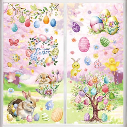 Joyoldelf 9 Blätter Ostern Fensterbilder - Gefärbte Eier Häschen Selbstklebend Doppelseitig Bedruckt Ostern Fenstersticker, Geeignet für Ostern Fensterdeko