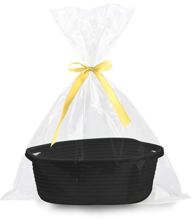 Gift Basket Empty, Woven Cotton Rope Basket with Gift Bags and Ribbons, Hamper Baskets for Gifts Empty With Handles, Cat Dog Toy Storage Basket for Baby Shower, Birthday,Wedding,Christmas (black)