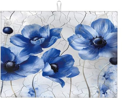 Mexpekil Tapete de secado de platos para encimera de cocina, rústico, azul, amapola, ladrillo, pared, grande, antideslizante, tapete escurridor de platos de microfibra, tapete de secado absorbente de