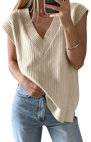 Saodimallsu Pull sans Manches Oversize Femme en Maille à col V | Pull sans manches femme en maille à col V