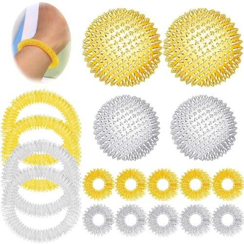 18 Igelball-Massagegerät Set Mit 10 Akupressurring, 4 Igelball Metall, 4 akupressur Armband, Massager für Schmerzlinderung und Entspannung, Leicht und Tragbar, Skills Panikattacken (Silber)
