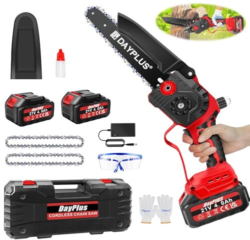 Chainsaw Cordless 8 Inch with2x4000mAH Battery, Powerful Electric Chainsaw with 2 Chains and Security Lock,Handheld Small Chain Saw for Wood Cutting Tree Trimming Gardening,Red