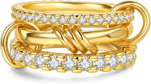 VCCKNB JEWELRY Mehrgliedriger Ring, Ewigkeits-Statement-Ring, klobiger Gold-Verbinderring, ineinandergreifender Dreifaltigkeits-Gliederring mit CZ-Zirkonia-Set (Gold, 9)