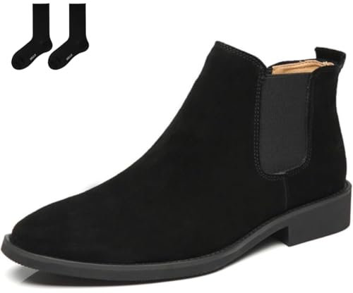 WAMIZEU Stivaletti Chelsea da uomo, in pelle scamosciata, elastici, con fodera in peluche, comodi e caldi, 1 nero, 45 EU