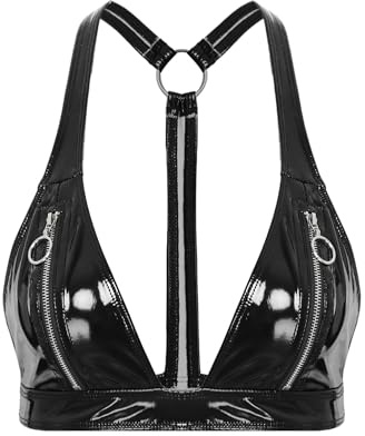 TiaoBug Damen Wetlook BH Lack Leder Optik Push up Bra ohne Bügel Bikini Oberteile Bustier Ouvert Unterwäsche mit Reißverschluss an Cups Gogo Outfits Clubwear