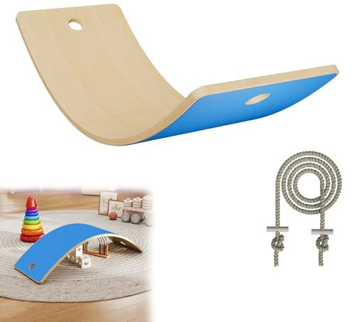 YRHome Blau Balance Board Holz Wackelbrett für Kinder - Gleichgewichtstrainer 82x30cm - Balancierbrett für Indoor, Turnen & Fitness - Rutschbrett & Wippe Spielzeug
