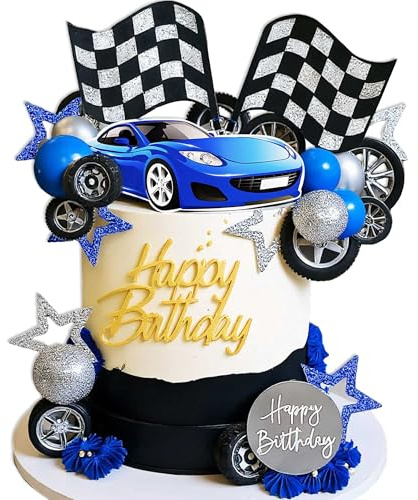 LaVenty Blau Rennwagen Kuchendekoration Auto Tortendeko Karierte Flagge | Blau Rennwagen Kuchendekoration Auto Tortendeko Karierte Flagge Kuchendeko Growing Up Two Fast Geburtstagskulisse Fast One