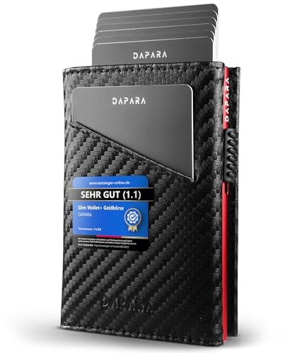 DAPARA Portefeuille fin pour homme - Avec compartiment à monnaie et protection RFID - Porte-cartes pour 12 cartes - Portefeuille intelligent pour homme - Porte-cartes pour homme, Carbone - Rouge