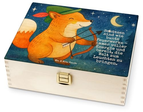 Mr. & Mrs. Panda Tee Box Schütze Astrologie Design - Geschenk, Teebeutel Aufbewahrung, teebox holz, Sternzeichen, Geschenkidee, Tierkreiszeichen, für Paare, Geburtstagsgeschenk, Teebeutel-Box