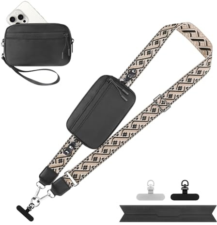 YFWE Handy-Gurt mit Geldbörse Crossbody | Abnehmbare RFID Blocking Armband Geldbörse | Universal Handy Lanyard mit 360° Drehbaren Clips für alle Smartphones (Schwarz Musterband - L)