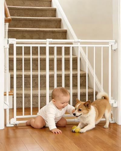 Treppenschutzgitter mit Automatikschließer & ohne Unterkante – Verstellbares Tür- und Treppengitter (67-109 cm) für Kinder & Hunde, Einhand-Bedienung, Feste Wandmontage（Weiß）