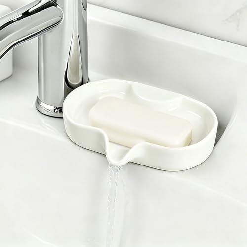 GZYYANG Porte Savon Ceramique, Porte Savon Salle de Bain avec Évacuation, Porte Savon Céramique Antidérapant,Support Savon Incliné, Porte-Savons Antidérapants pour Douche, Cuisine et Baignoire