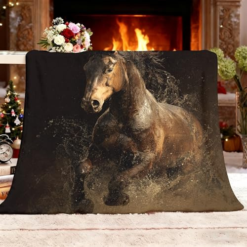 Behaart Kuscheldecke L 70x100 cm Dunkelbraun Flauschig Fleecedecke als Bettdecke/Sofadecke öLgemäLde Eines Pferdes Wohndecke Weiche & Warme Flanell Bettüberwurf für Erwachsene Kinder