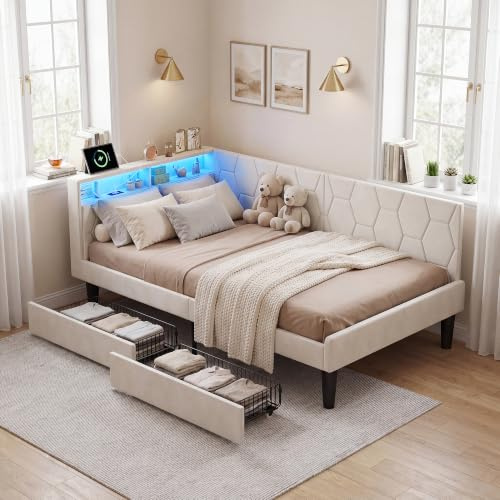 BRILVERDE Boxspringbett 90 x 200 cm mit 2 Schubladen, gepolstertes Bett mit LED-Licht/USB, mit Kopfteil, mit Lattenrost, Samt (Beige, 90 x 200 cm)