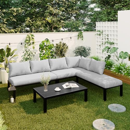 FammyLoft 6 Sitzer Gartensofa Set, Outdoor Gartenlounge Set mit Verstellbaren Füßen, Gartenmöbel Set Außen mit Abnehmbare Rückenlehne, für Garten, Hof und Terrasse, Terrassenmöbel Wetterfest, Grau