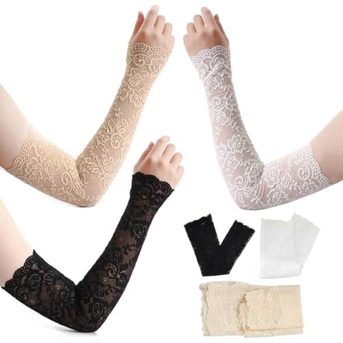 GXGM 3 Paia di Maniche Per Braccia Scaldamuscoli Lunghi in Pizzo Ultra Sottile da Donna Guanti Velati Protezione Solare Rinfrescante, Manicotti Braccia