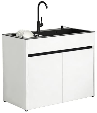 Waschbecken mit Unterschrank aus schwarzem Edelstahl für Waschküche und Garage, freistehender Wabenaluminium-Schrank mit Armatur, Seifenspender und ausziehbarem Korb, wasserfest und verstellbar