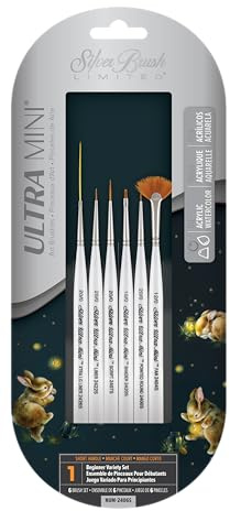 Silver Brush Limited Ultra Mini Detail Paintbrush Set, 6pc | Watercolour, Acrylic, Short Handle, Soft Fine Point Golden Taklon Bristles, Detailing, Dolls, Models, Miniature Painting