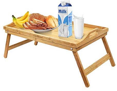 Bandeja para Cama de Bambú Bandeja Portátil con Patas Plegables y asas para Transportar Escritorio Portátil