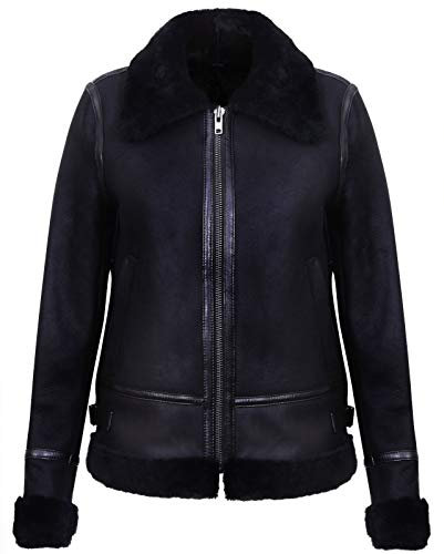 Infnity Leather Frauen Schwarz Echte WW2 Shearling Schaffell Pilot Radfahrer Jacke S
