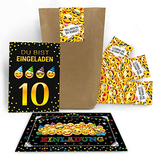 12 Einladungskarten 10. Geburtstag Kinder zehnte Kindergeburtstag Mädchen Jungen incl. 12 Umschläge, 12 Tüten/natur, 12 Aufkleber