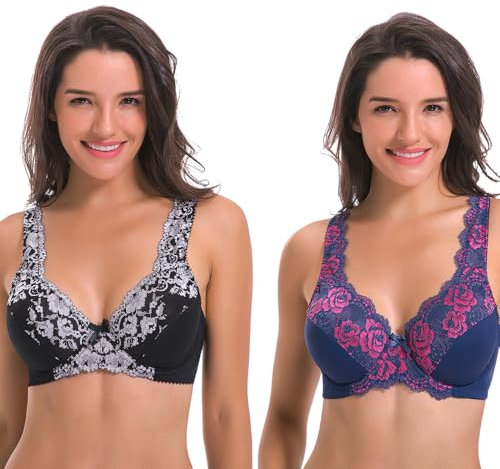 Curve Muse - Minimizer pour Femme, sans Doublure, Soutien-Gorge avec Armatures, avec Broderie, Dentelle, Paquet de 2-Bleu,Argenté-90E