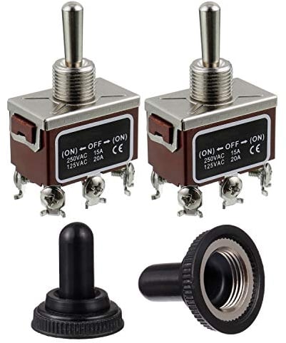 BOJACK RT1322FS Interruptor de palanca 125V 20A Interruptores de reinicio automáticos momentáneos 250V 15A DPDT 6 terminalesON -Off- ON con tapa impermeable (paquete de 2 piezas)