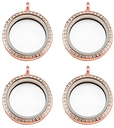 WANDIC Strass Foto Charm, 4 Stück rund Rose Gold Kristall Foto Anhänger Braut Hochzeit Bouquet Charms Memory Medaillon für 2 Bilder