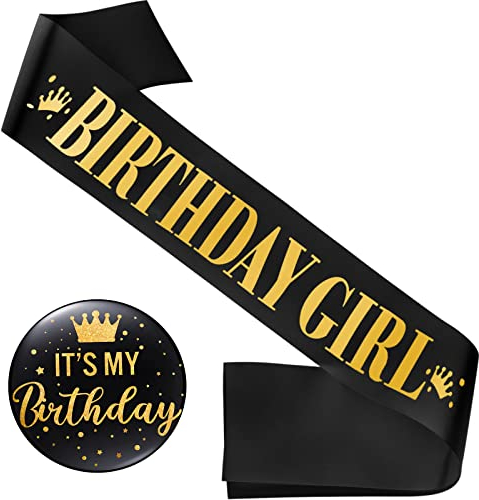 Yaomiao Ceinture d'Anniversaire et Badge d'Anniversaire Décorations de Fête d'Anniversaire Ceinture Birthday Girl Badge Its My Birthday Écharpe d'Anniversaire Épingle en Métal Pailletée (Or Noir)