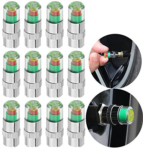 12 Stück Autoreifendruckkontroll-Ventilkappen-Sensoranzeige, 2,4 bar, 36 PSI Drucküberwachung, Reifenventilkappen mit 3-farbigem Augenalarm für Autos, Motorräder, Fahrräder.