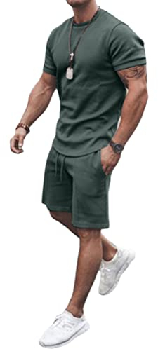 Osheoiso 2 Teiliges Sommersportanzug T-Shirts + Kurze Hose Sets Freizeitanzug Suit Outfit Sport Set Kurzarm Sporthose T-Shirt Männer Trainingsanzug Sporthose Mit Taschen A Armeegrün L