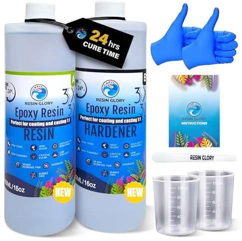 Resin Glory 1L (32 oz) - 1:1 Ratio Epoxy Resin Kit - Crystal Clear, Food Safe, UV Stable for Crafts, Jewellery, Wood, Coasters, Mould Casting - Low Viscosity, Self-Levelling for Beginners & Pros