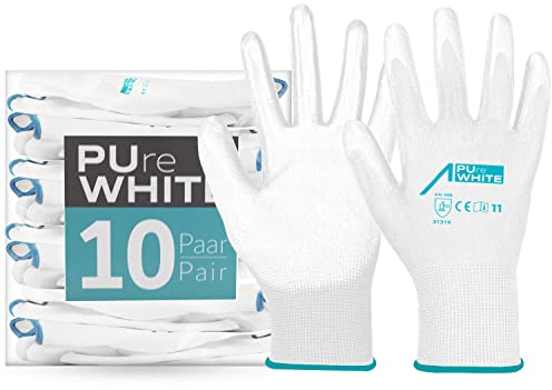 ACE PUre White Arbeits-Handschuh - 10 Paar feinfühlige Schutz-Handschuhe für die Arbeit - EN 388-07/S (10er Pack)